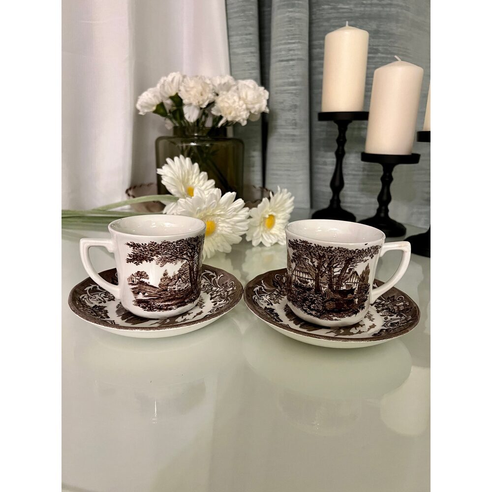 J&G Meakin Royal Staffordshire Romantic England Brown Flat Cup And Saucer​